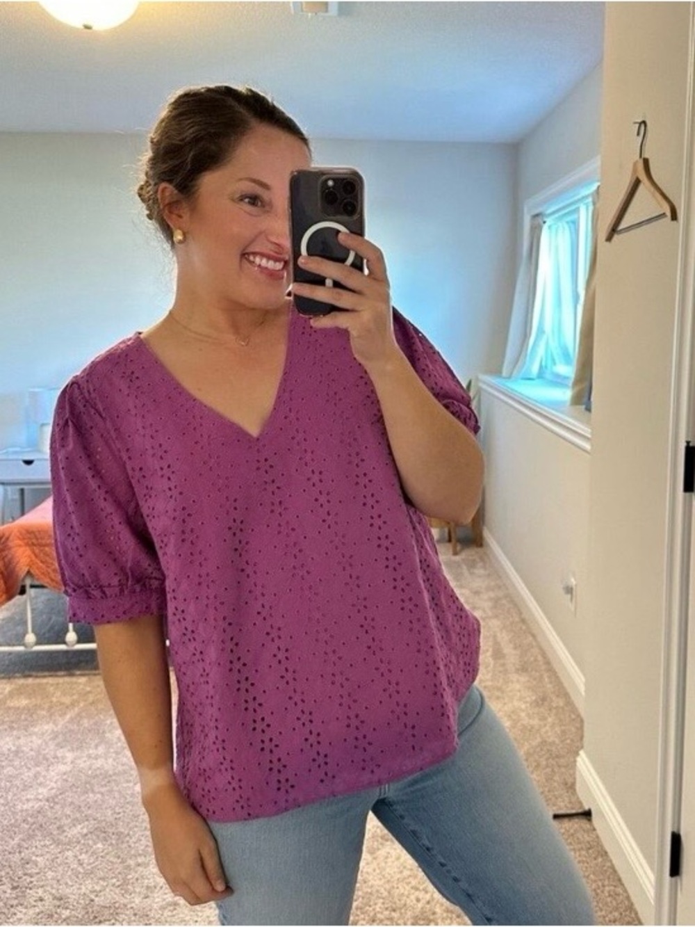 Draper James Purple Pink Eyelet Cotton Puff Sleeve Blouse Top Large